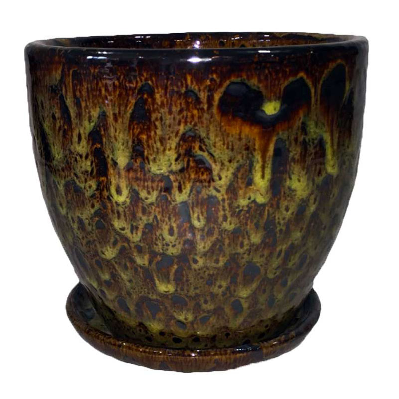 14" Molten Yellow Ceramic Volcano Pot and Detached Drip Tray