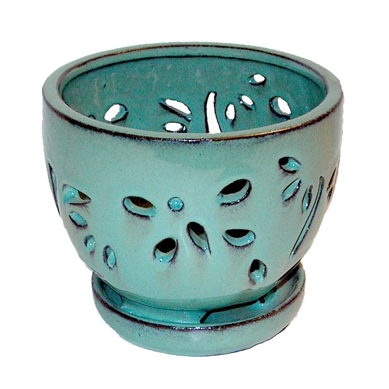 5 Aqua Contoured Round Ceramic Orchid Pot