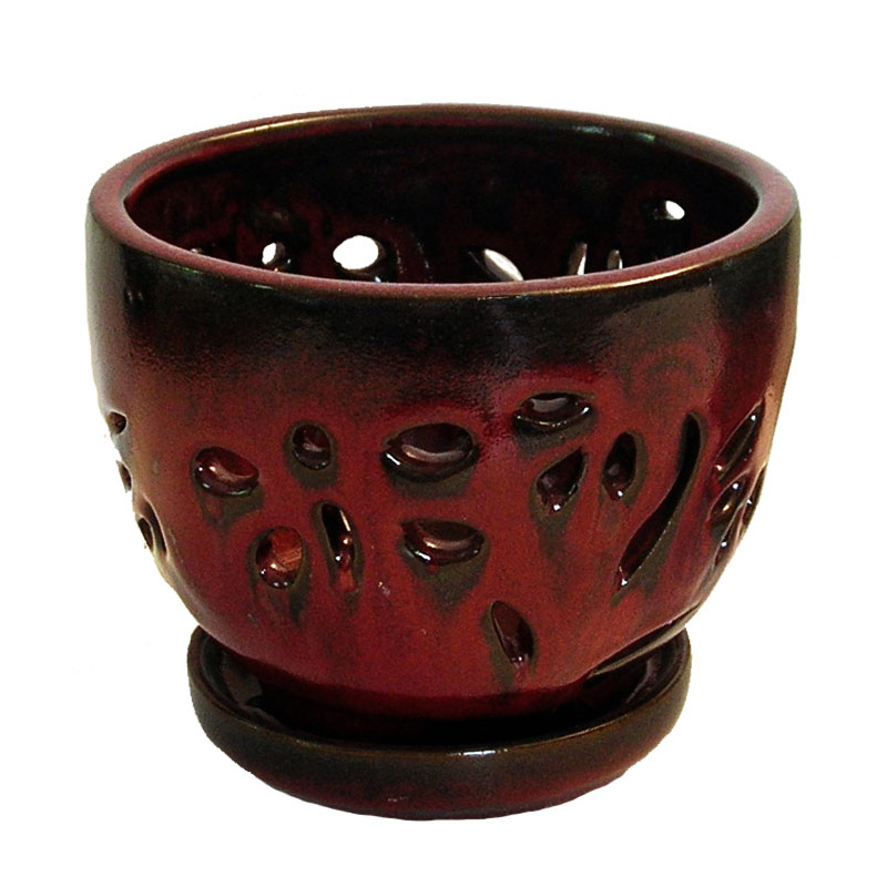5" Parisian Red Contoured Round Ceramic Orchid Pot