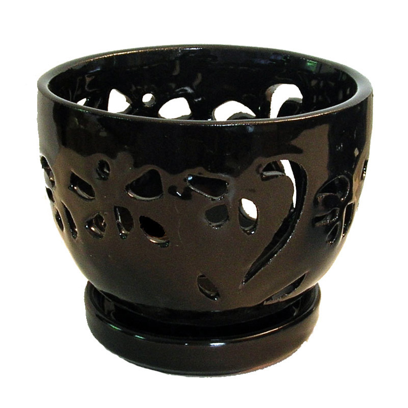 5" Black Onyx Contoured Round Ceramic Orchid Pot