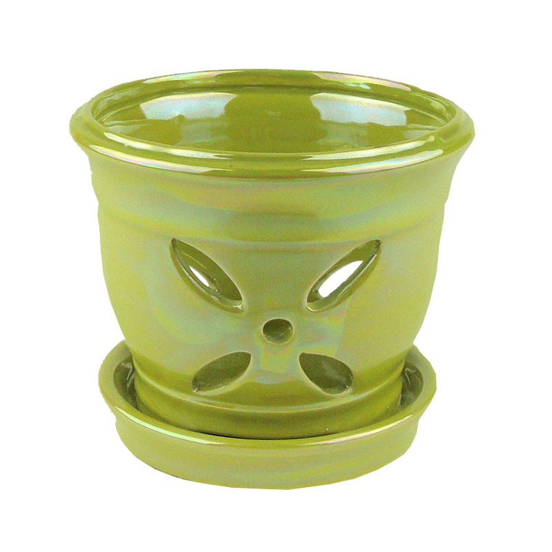 5" Chartreuse Pearl Round Ceramic Orchid Pot