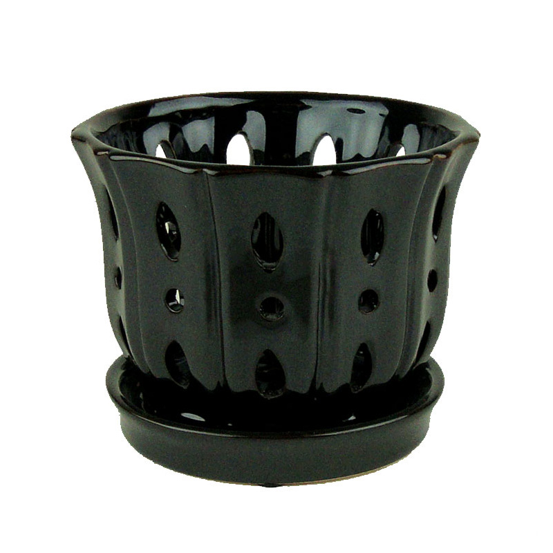5" Black Pearl Fluted Round Ceramic Orchid Pot