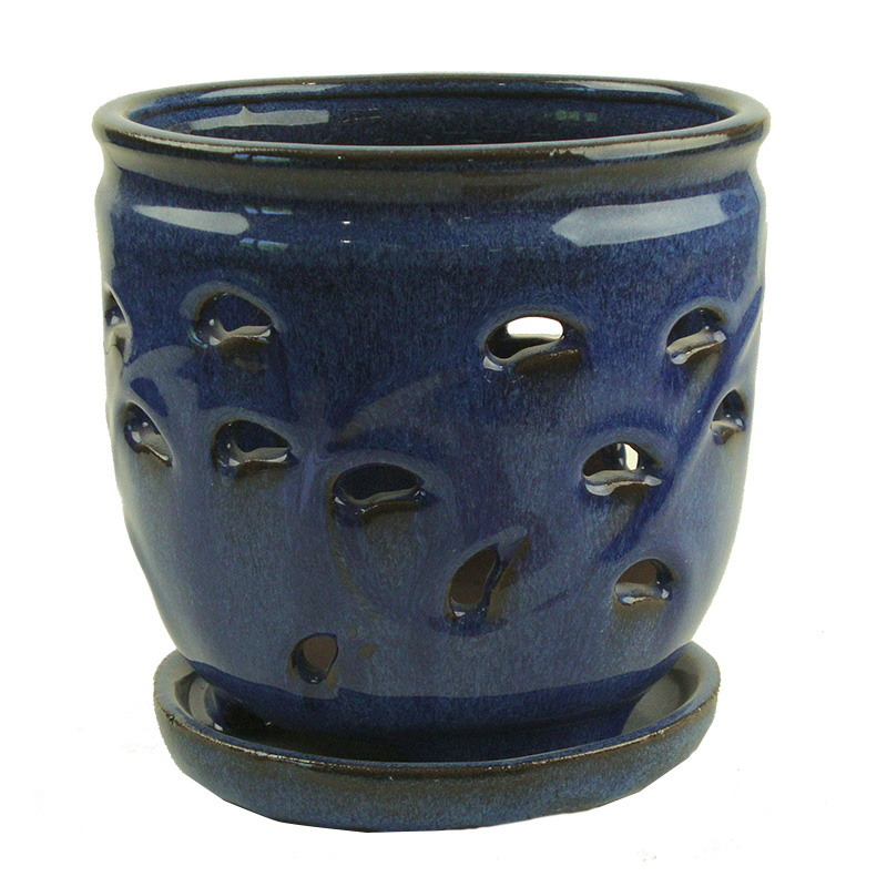  5  Bay  Blue Vine Accent Round Ceramic Orchid Pot 